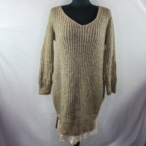 Makadamia Sweater Dress Lace Trim V Scoop Neck Acrylic Mohair Wool Tan B…